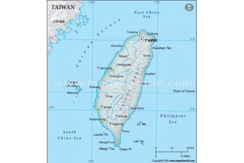 Taiwan Physical Map, Dark Green 