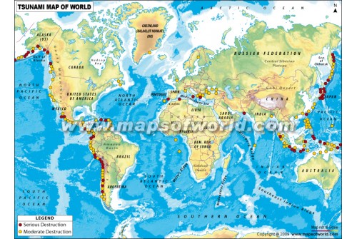 Tsunami Effected Areas on World Map 