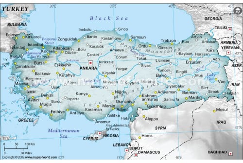 Turkey Physical Map with Cities in Gray Background