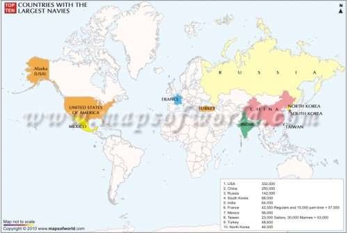 World Map of Top Ten Countries with Largest Navies