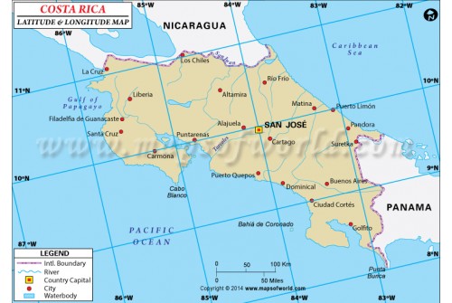 Costa Rica Latitude and Longitude Map