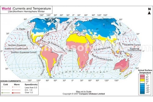 World Map - Currents and Temperature in January