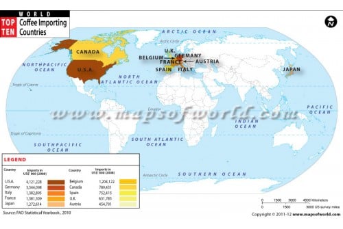 World Map - Top Coffee Importing Countries in the World