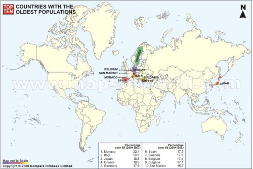 Map of Top Ten Countries with Highest Percentage of Older Population