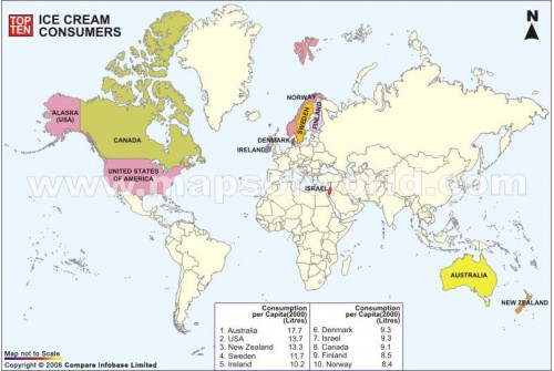 Map of Top Ten Ice Cream Consumer Countries