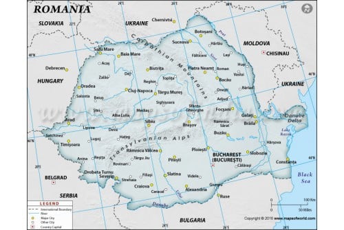 Romania Physical Map with Cities in Gray Background