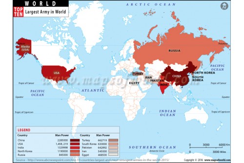World Map of Top Ten Countries with Largest Armies