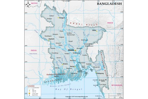 Bangladesh Physical Map with Cities in Gray Color