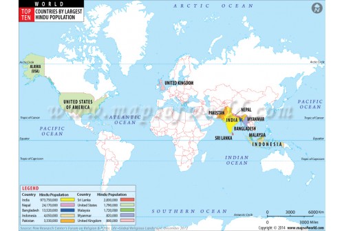 World Top Ten Countries By Largest Hindu Population Map