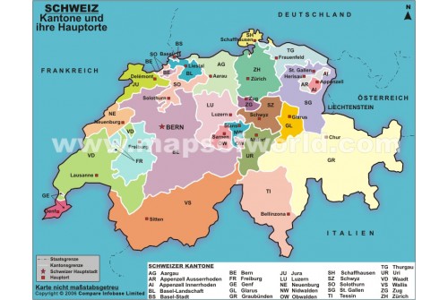 Karte der Schweizer Kantone und ihrer Hauptorte (Map of Swiss cantons and their capitals)