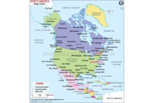 North America Continent Map with Major Cities