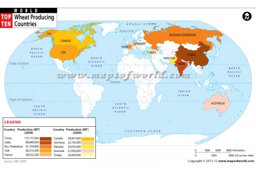 World Map Of Top Ten Countries By Wheat Production
