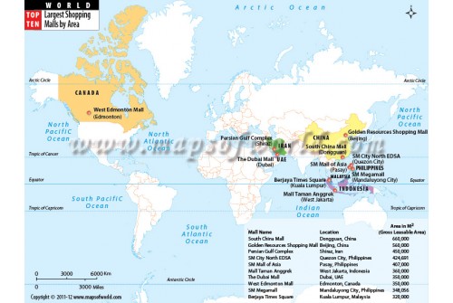 World Map Of Top Ten Countries By Largest Shopping Malls Area