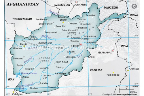 Afghanistan Physical Map with Cities in Gray Background