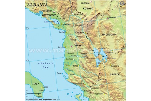 Albania Physical Map in Dark Green Background