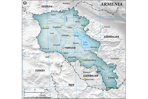 Armenia Physical Map with Cities in Gray Background