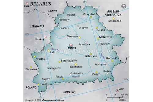 Belarus Physical Map with Cities in Gray Background