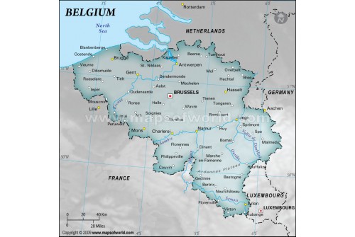 Belgium Physical Map with Cities in Gray Background