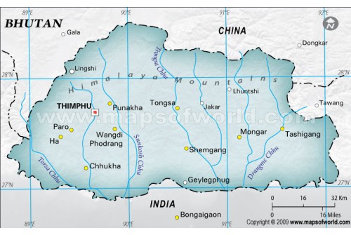Bhutan Physical Map with Cities in Gray Color