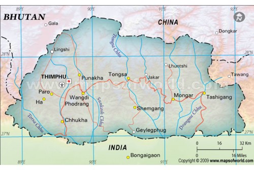 Bhutan Political Map in Dark Green Color