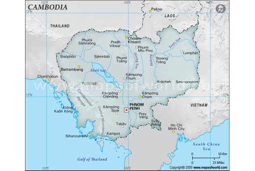 Cambodia Physical Map in Gray Color