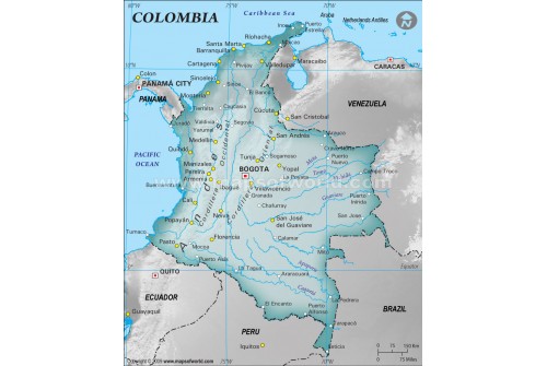 Colombia Physical Map with Cities in Gray Background