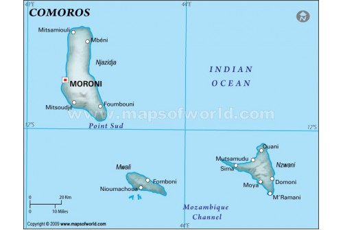 Comoros Physical Map, Dark Green 