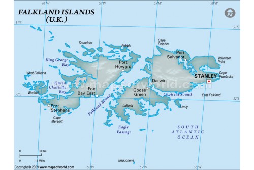 Falklands Physical Map, Dark Green 