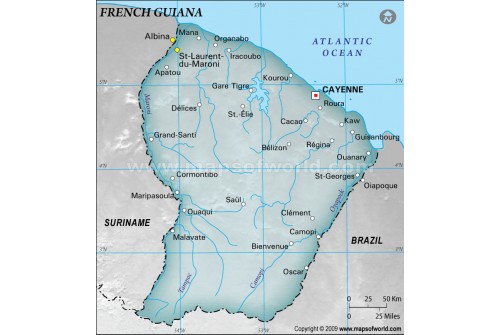 French Guiana Physical Map, Dark Green 