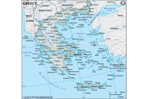 Greece Physical Map with Cities in Gray Background