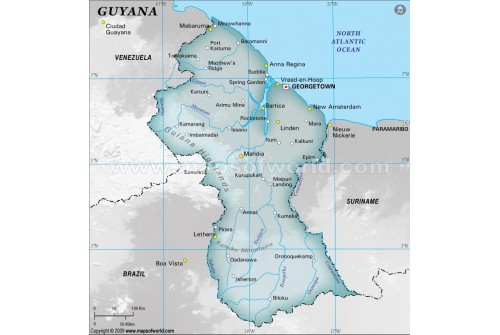 Guyana Physical Map with Cities in Gray Color