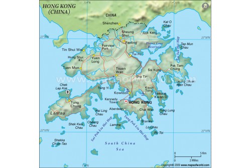 Hong Kong Political Map in Dark Green Color