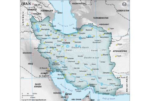 Iran Physical Map with Cities in Gray Background