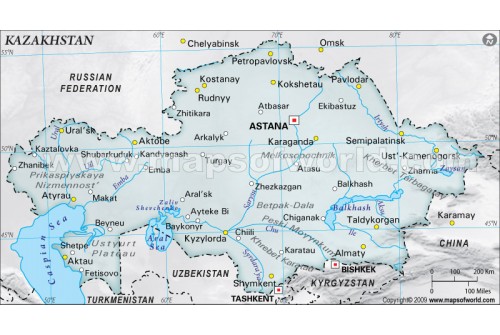Kazakhstan Physical Map, Gray