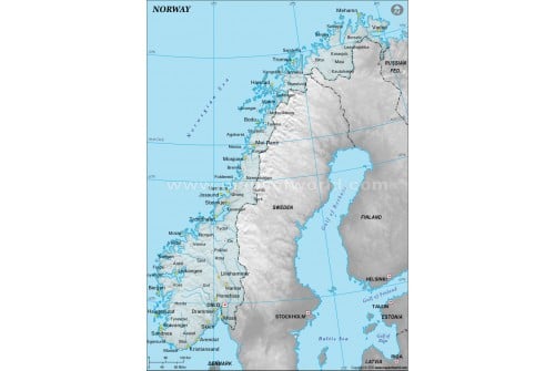 Norway Physical Map with Cities in Gray Background