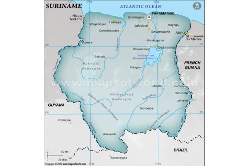 Suriname Physical Map, Gray