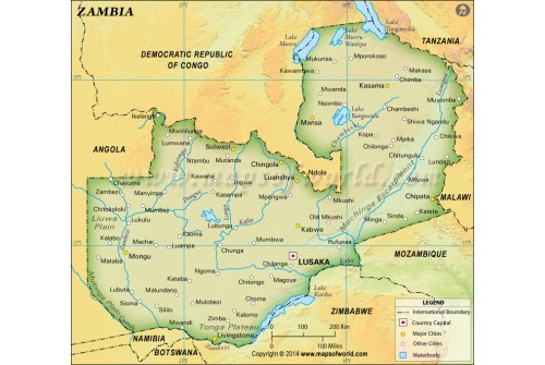 Zambia Physical Dark Green Map