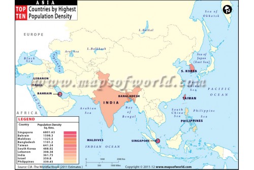 Map of Asian Countries by Highest Population Density