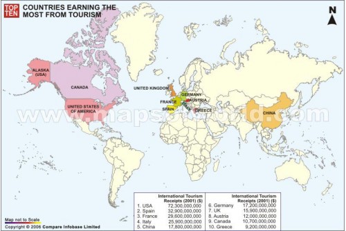 Map of Top Ten Countries Earning Most from Tourism