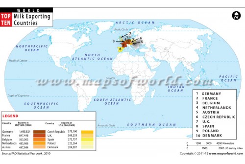 Map of Top 10 Milk Exporting Countries in the World