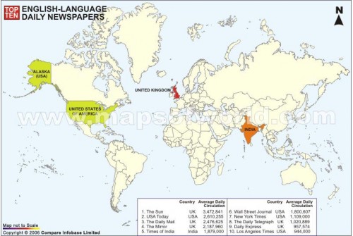 Map of Top Ten Daily Newspapers in English