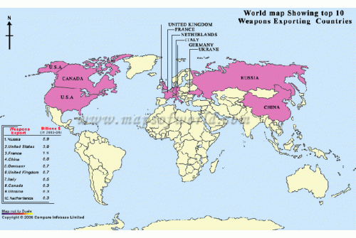 Map of Top Ten Weapon Exporting Countries