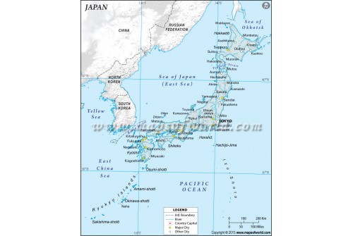 Japan Physical Map with Cities in Gray Color