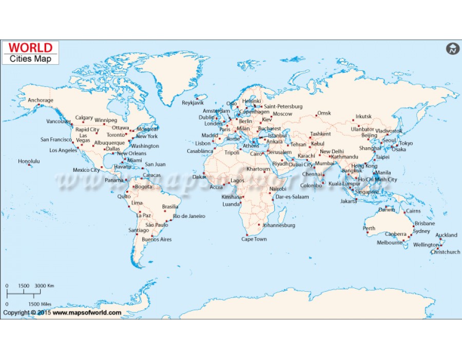 Buy Printed World Map With Cities