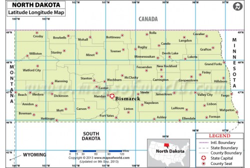 North Dakota Latitude and Longitude Map