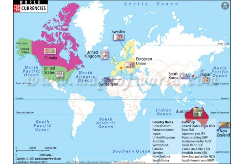 World Map Of Top Ten Richest Countries with Currency