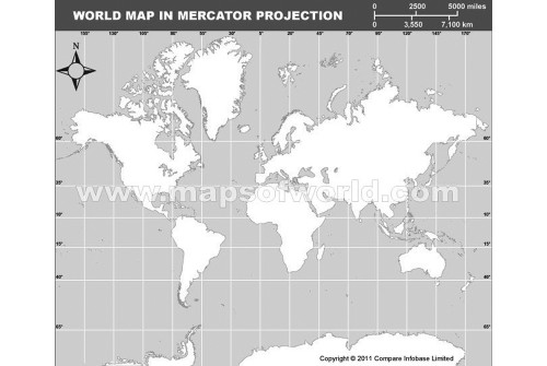 World Outline Map in Mercator Projection (Grayscale)