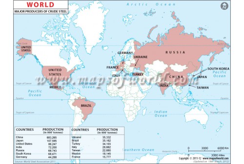 World Crude Steel Producing Countries Map