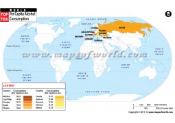 World Map of Top Ten Alcohol Consumption Countries - Digital File