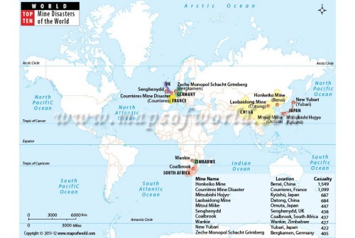 World Map Of Top Ten Countries By Mine Disasters